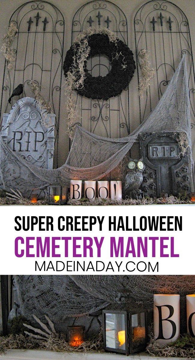 halloween decorations with the words super creepy halloween cemetery mantel