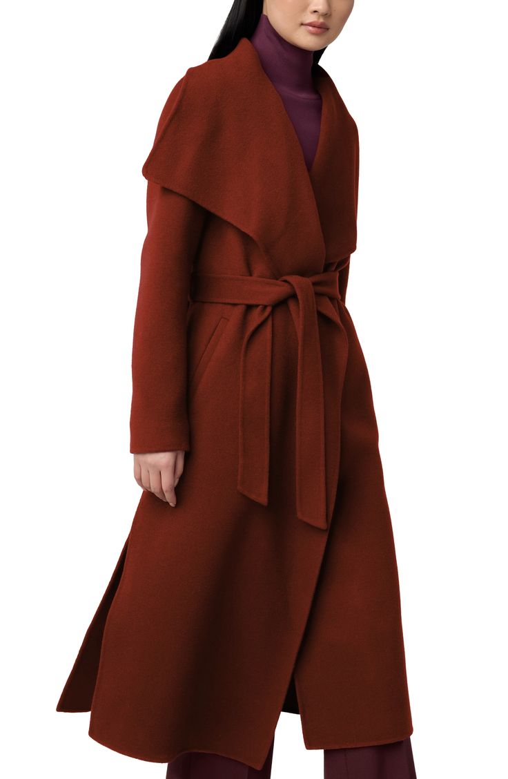 An artfully draped collar and removable tie belt amplify the sophisticated appeal of a warm wool-blend coat fashioned in a midi-length silhouette. 46" length Hidden button closure Shawl collar Front welt pockets Removable tie belt Side vents Unlined 70% wool, 30% polyester Dry clean Imported Draped Collar, Wool Blend Coat, Fabric Gift Bags, Nordstrom Store, Fabric Gifts, Free Fabric, Coat Fashion, Shawl Collar, Tie Belt