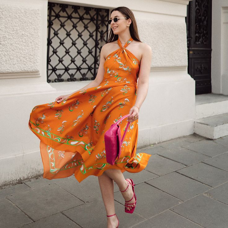 Meet our Paisley flowers dress, perfect for a city walk or your next vacation. 🧡@alicjaszczepanska 🔎Spring Waltz Handkerchief Dress:9884 #lilysilk #Livespectacularly #LILYSILKSS23 #TheAbsoluteDelight Spring Silk Halter Neck Midi Dress, Silk Casual Midi Dress For Spring, Chic Midi Dress With Handkerchief Hem For Party, Chic Party Midi Dress With Handkerchief Hem, Summer Evening Maxi Dress With Handkerchief Hem, Silk Midi Dress For Day Out, Chic Silk Midi Dress For Day Out, Chic Orange Silk Dress, Orange Silk Spring Dress