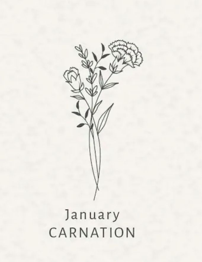 the january carnation is shown in black and white, with flowers drawn on it