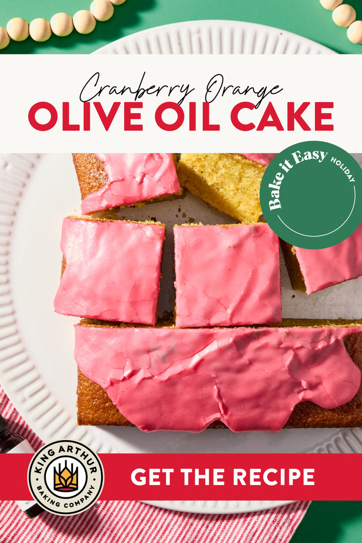 This holiday-ready version of our five-star Everyday Olive Oil Cake is adorned with a big red bow in the form of a simple but stunning cranberry glaze. Made by cooking cranberries with orange juice, then whisking the mixture with confectioners’ sugar, the icing adds a bright tartness that complements the rich cake. It’s also a great way to use up that half-bag of cranberries lingering from Thanksgiving. Cranberries With Orange, Cooking Cranberries, Cranberry Glaze, Orange Olive Oil Cake, Orange Olive Oil, Olive Oil Cake Recipe, Food Justice, Yeast Starter, Baking School