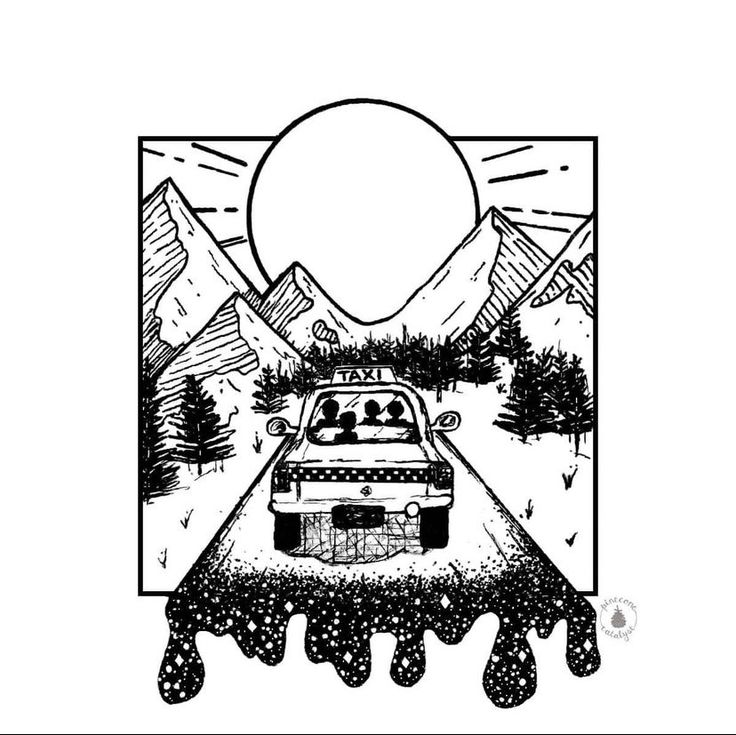 a black and white drawing of a car driving down a road with mountains in the background