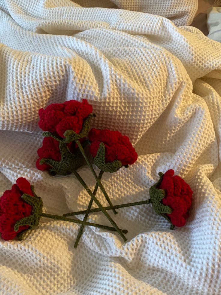 three red flowers are placed on a white sheet