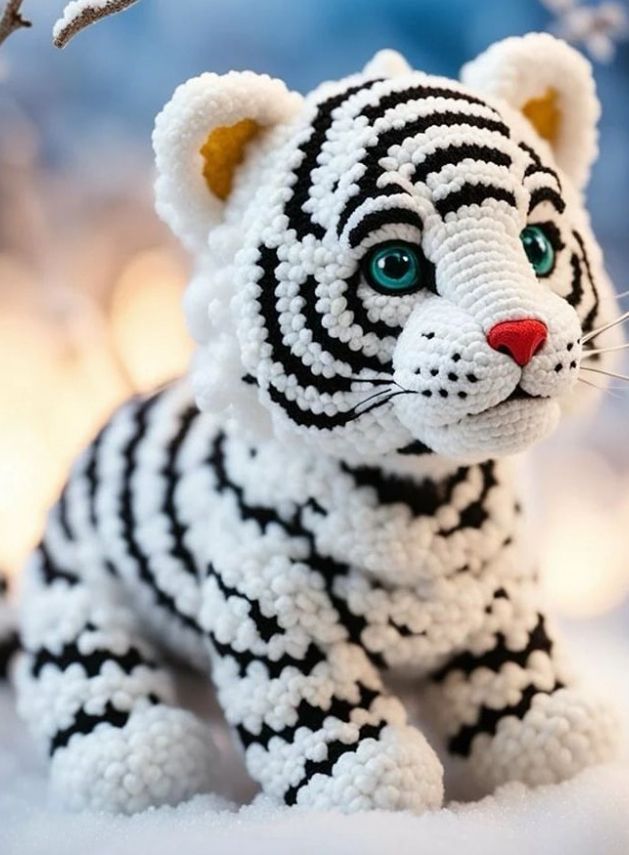 a crocheted white tiger sitting in the snow with green eyes and black stripes on it's body