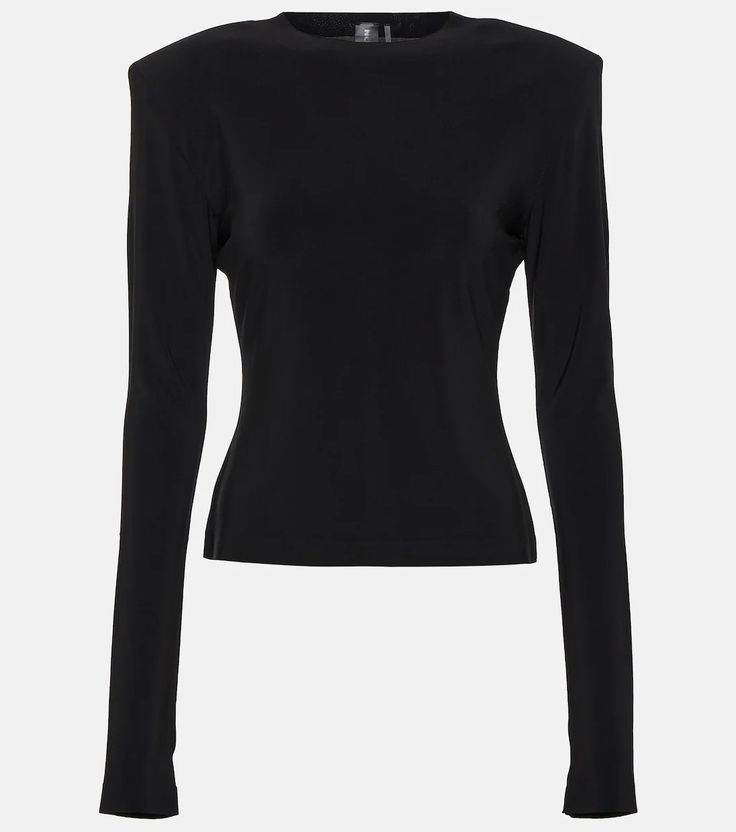 Shoulder pad jersey top in black - Norma Kamali | Mytheresa Versatile Black Second-skin Tops, Sleek Fitted Long Sleeve Top, Long Sleeve Tops With Thumbholes And Minimal Stretch, Fitted Elastane Long Sleeve Top For Night Out, Long Sleeve Tops With Thumbholes, Sleek Long Sleeve Tops For Night Out, Fitted Black Long Sleeve Top For Evening, Versatile Second-skin Fit Top, Sleek Long Sleeve Top With Thumbholes