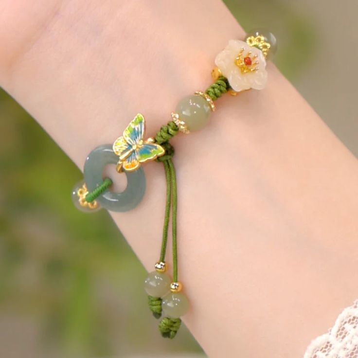 Butterfly Natural Emerald Jade stone Protection bracelet – Buddhaandlive Wired Jewelry, Diy Jewellery Designs, Random Clothes, Dangle Bracelet, Gelang Manik-manik, Korean Jewelry, Pola Gelang, Gelang Manik, Diy Bracelet Designs