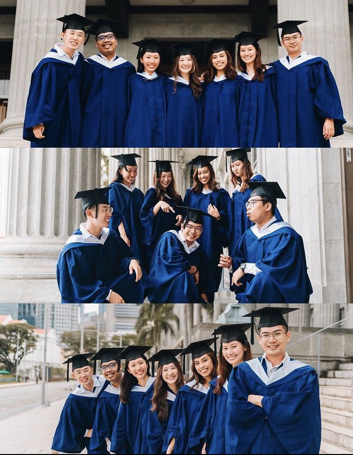 several pictures of people in graduation caps and gowns posing for the camera with their arms around each other