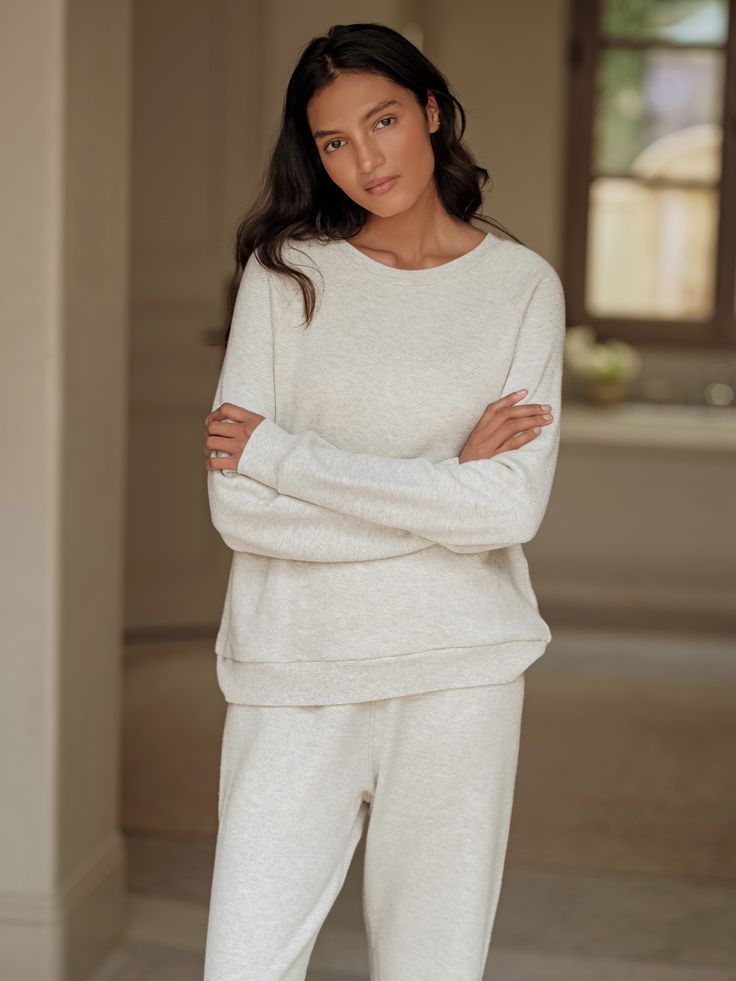 Cozy Tops With Ribbed Cuffs For Everyday, French Terry Crew Neck Sweatshirt For Loungewear, Cozy Crew Neck Sweats For Everyday, Cotton Cozy Fit Sweater For Loungewear, Cozy Cotton Sweater For Loungewear, French Terry Crew Neck Sweats For Loungewear, Relaxed Fit Comfortable Sweater For Loungewear, Comfortable Relaxed Fit Sweater For Loungewear, Soft Texture Relaxed Fit Sweatshirt For Everyday