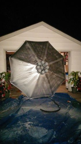 an umbrella sitting on top of a tarp in front of a house