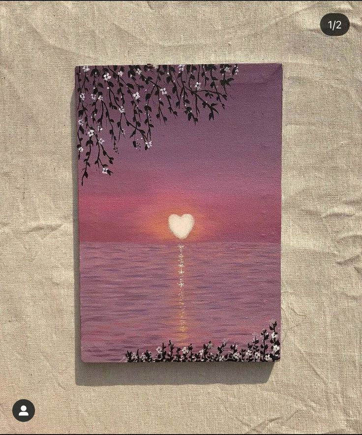 a painting of a sunset over the ocean with a heart in the sky above it