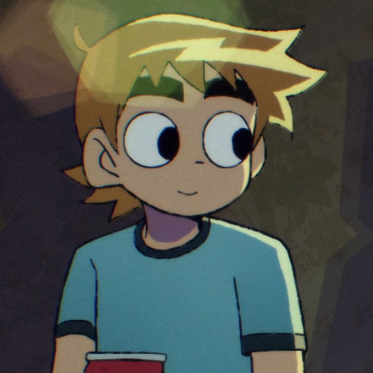 a cartoon boy with big eyes holding a red cup in his hand and looking at the camera