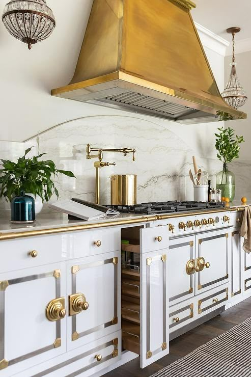 a kitchen with white cabinets and gold trim on the hood above the stove is filled with potted plants