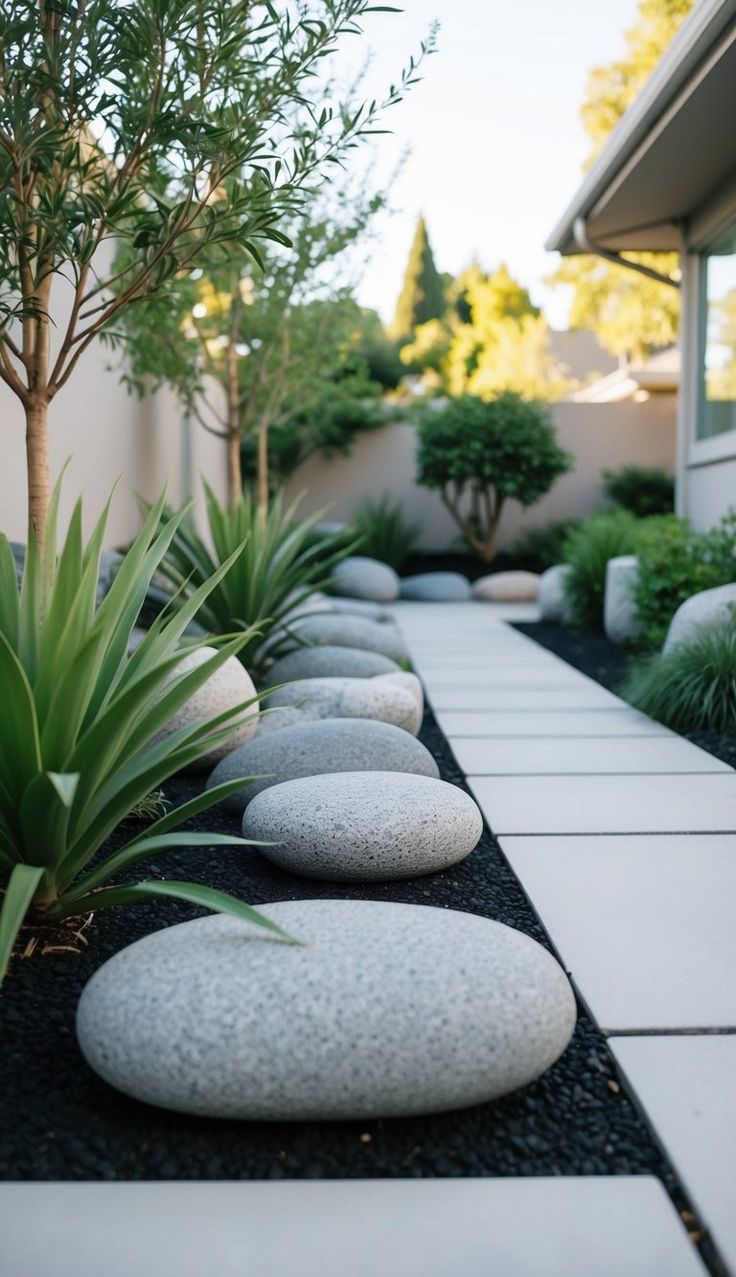 a garden with rocks and plants in it