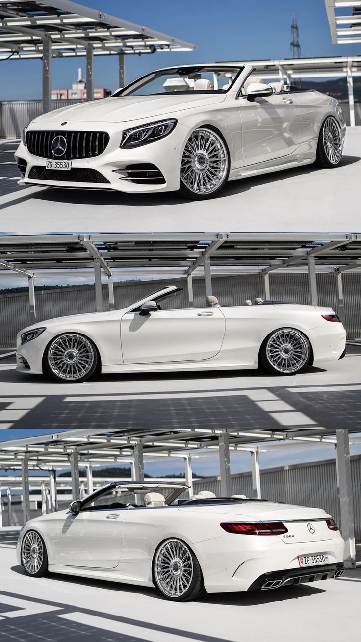 three different views of a white car parked in front of a parking garage with the doors open