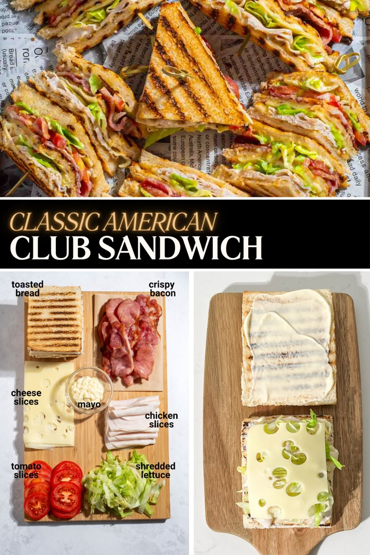 Club sandwiches on a tray lined with newspaper. College Sandwiches, Bean Sprouts Sandwich, Lunch Ideas Fancy, Good Sandwiches Recipes Easy, Great Sandwiches Recipes, Club Sandwich Ideas, Good Sandwiches For Lunch, Club Sandwiches Recipes, Easy Delicious Sandwiches