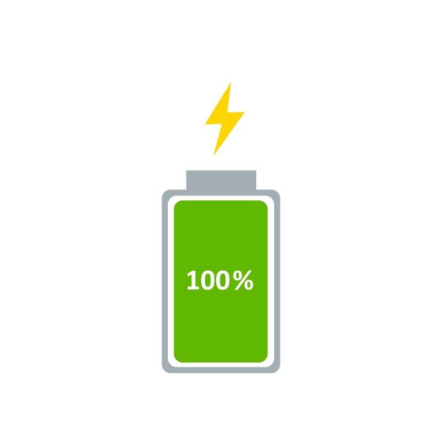 a battery with a lightning bolt on the top and 100 % written in yellow above it