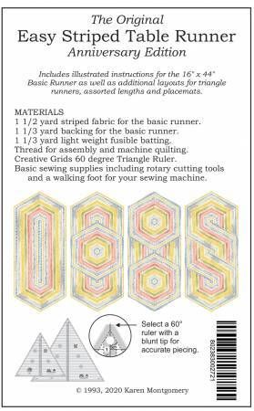 the original easy striped table runner pattern is shown in three different sizes and colors, with instructions