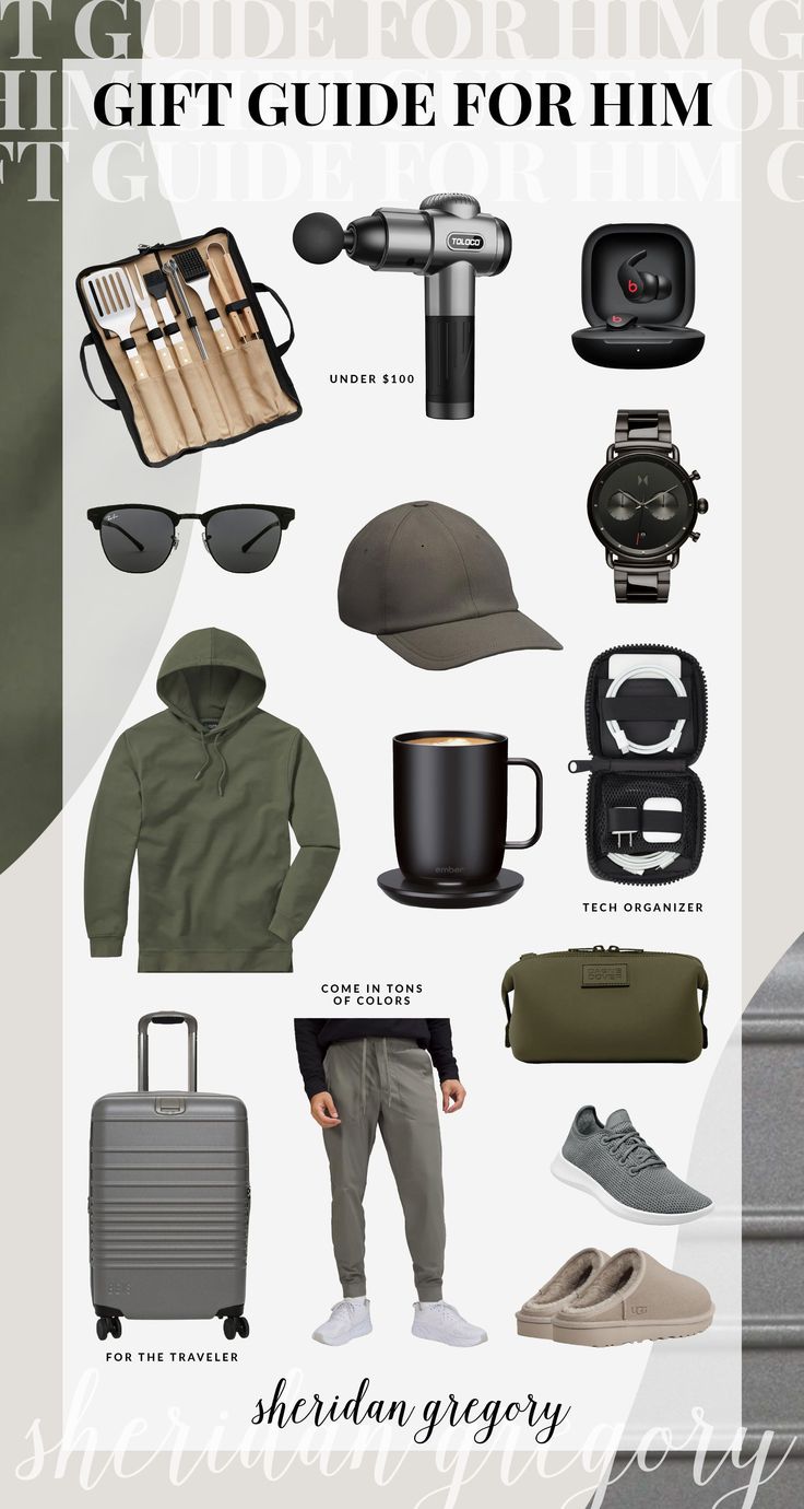 the gift guide for him is shown with items in grey and green, including hats, sunglasses