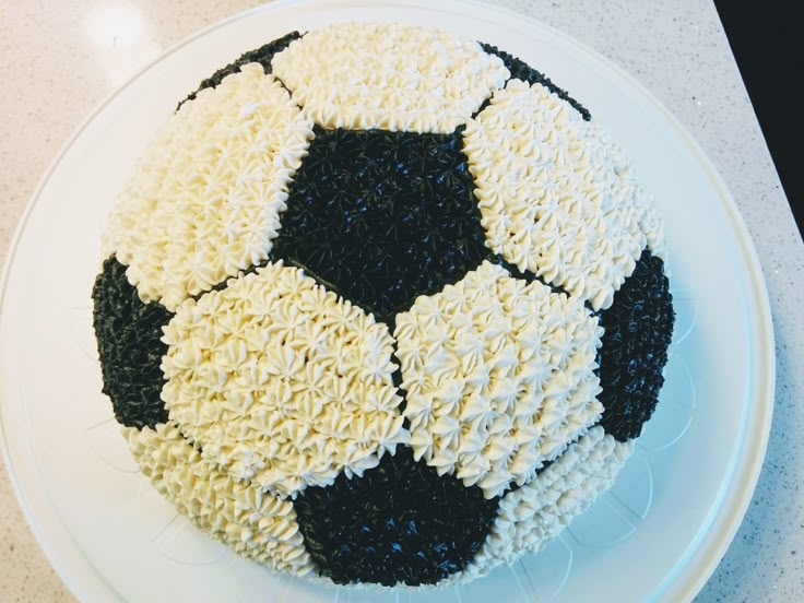 a soccer ball cake on a plate with white frosting and black sprinkles