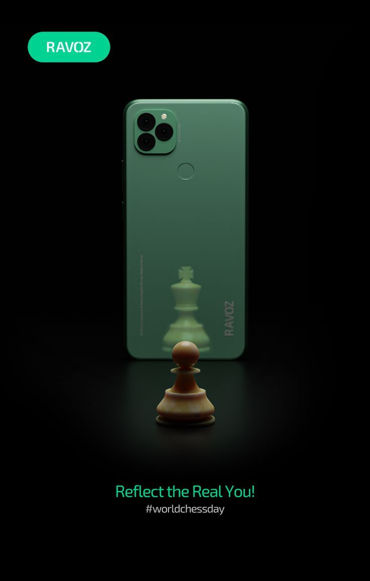 the back side of an iphone with a chess piece on it, and text reading reflect the real you