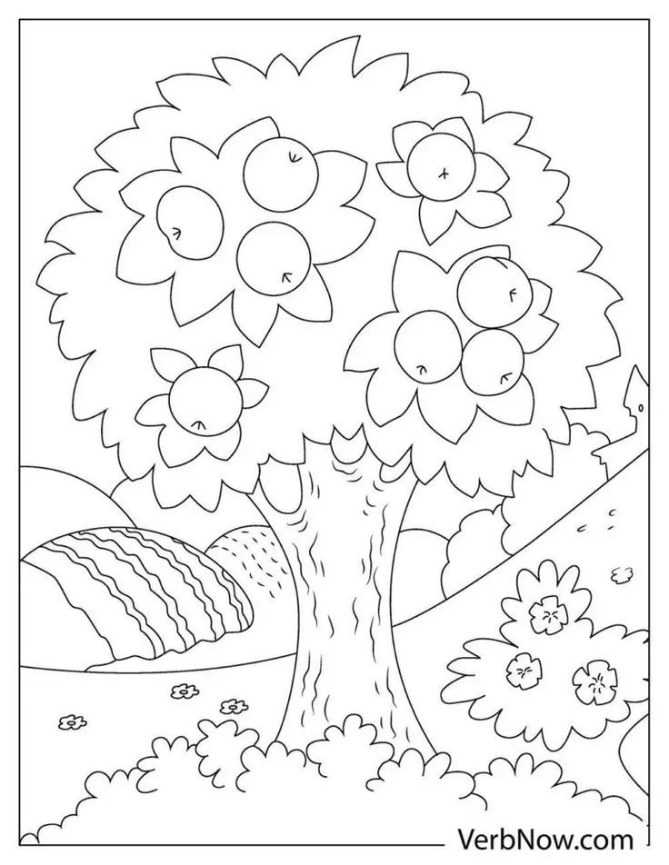 a tree with flowers on it in the middle of a coloring page for children to color