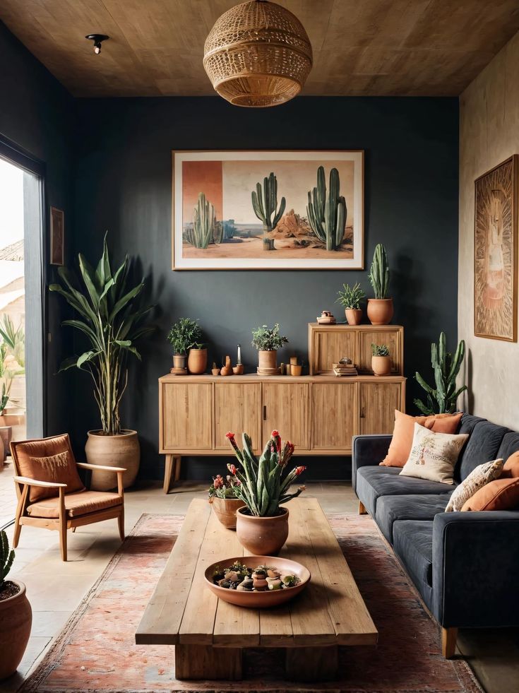 a living room filled with furniture and potted plants on top of a wooden table