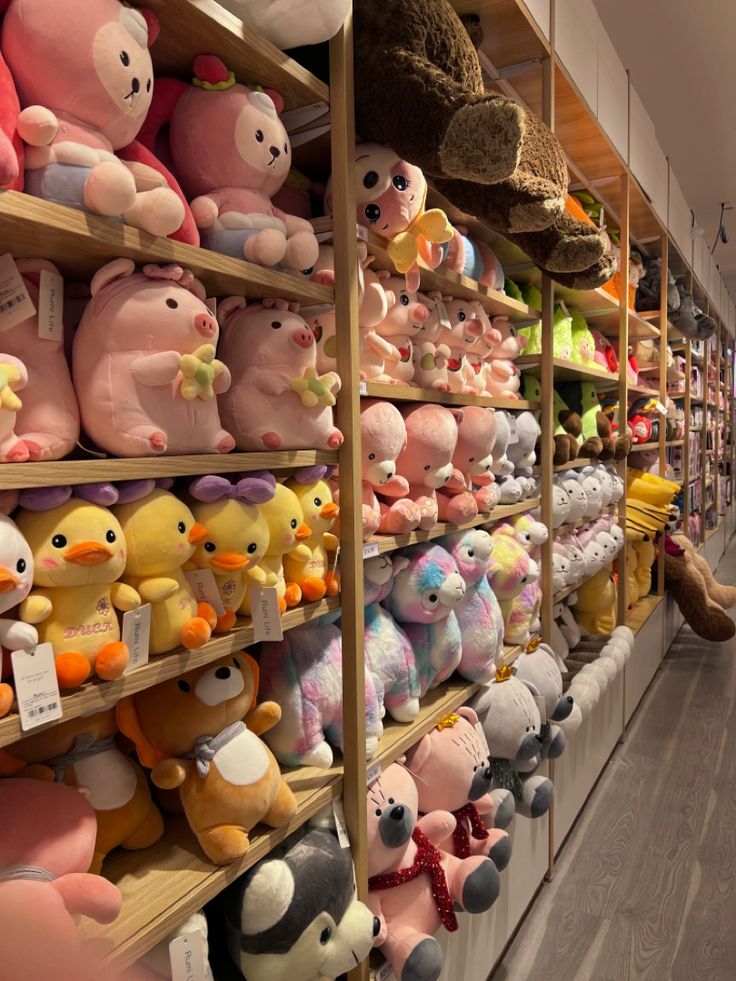 many stuffed animals are on shelves in the store, and one is for sale at the end of the aisle