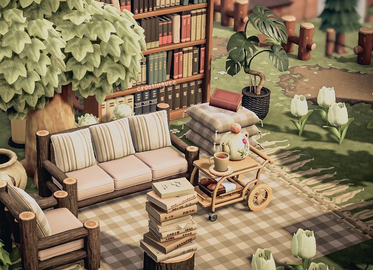 a living room filled with furniture and bookshelves next to a park covered in flowers