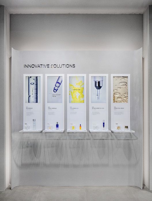 a display case with five different types of items on the wall and below it is an advertisement for innovative solutions