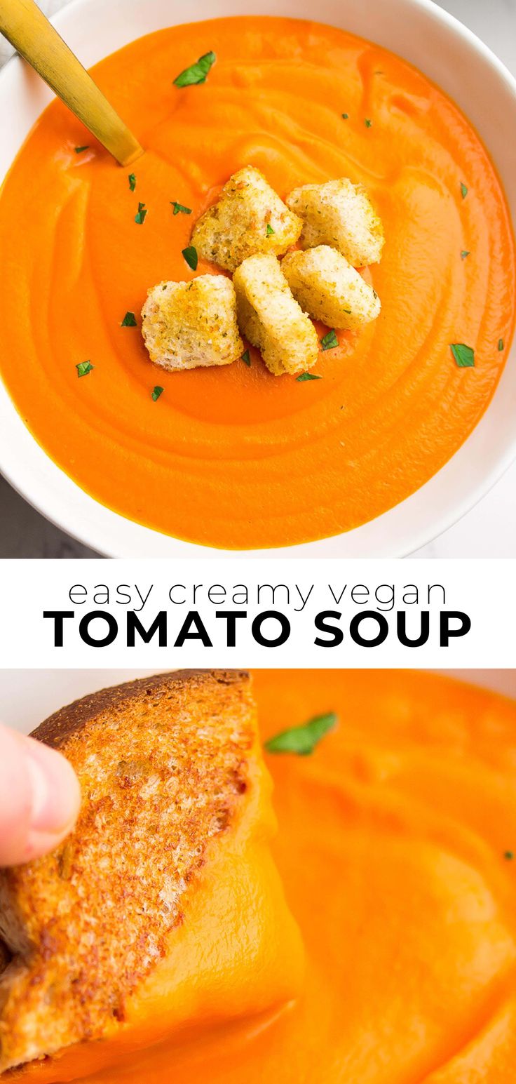 two pictures of soup with bread in it and the same photo showing how to make tomato soup