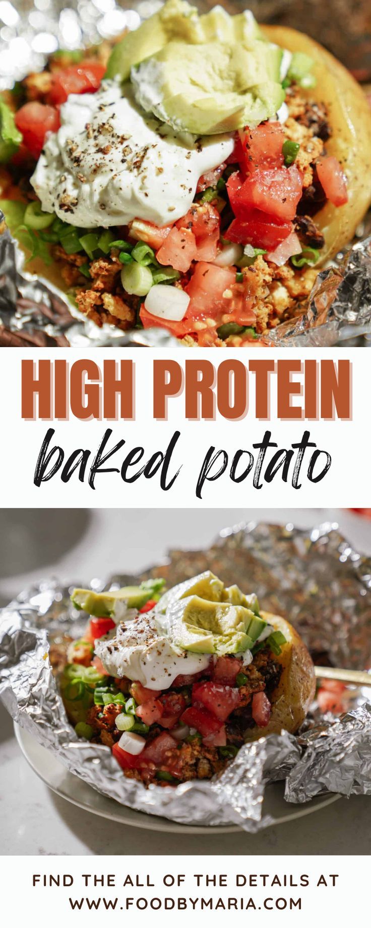 two pictures with different types of food on them and the words high protein baked potato