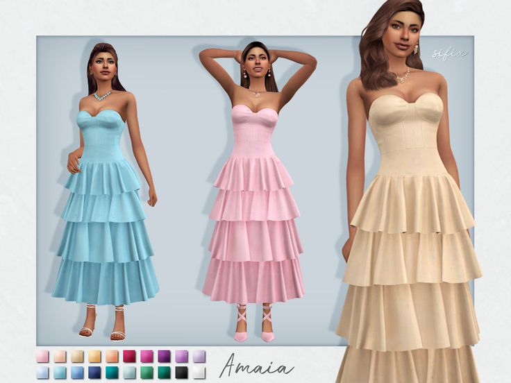 three different colored dresses are shown in this image, one is for women and the other has