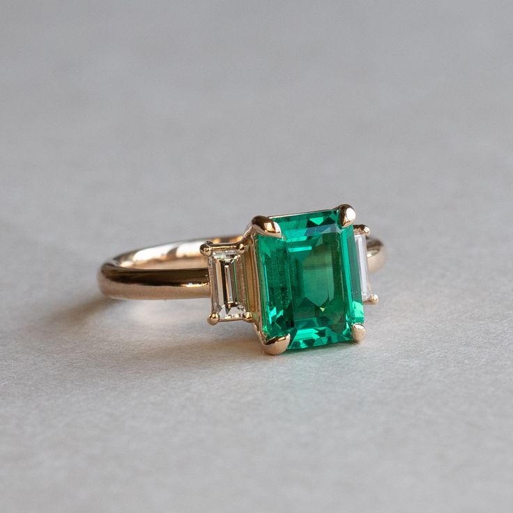 18k Emerald With Baguette Diamonds Ring, 1.4 Carat Emerald Ring, Three Stone Ring, Engagement Ring, Emerald Ring, Lab Grown Emerald Ring - Etsy Emerald Three Stone Ring, Black Diamond Wedding Rings, Sterling Silver Opal Ring, Engagement Ring Emerald, Ring Three Stone, Silver Opal Ring, Baguette Diamond Rings, Tiny Rings, Gold Gemstone Ring