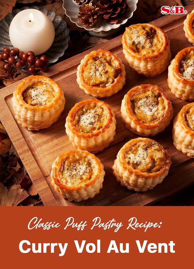 several small pies on a cutting board with the words classic pastry recipe curry vol au vent