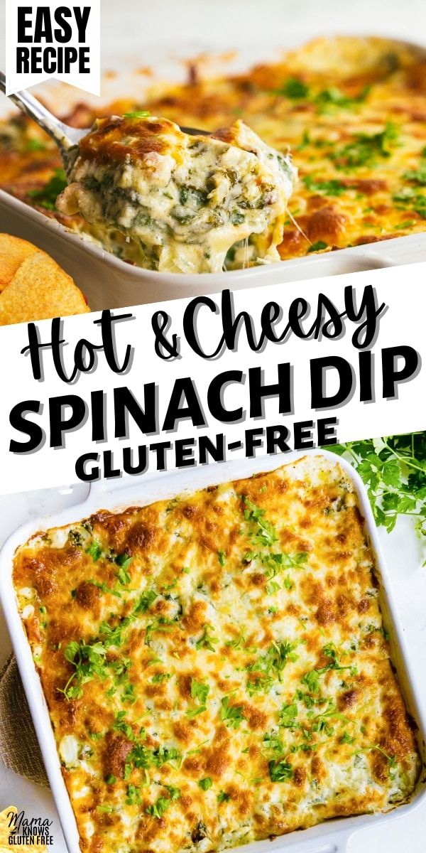 a casserole dish with cheese and spinach dip in it, on a plate