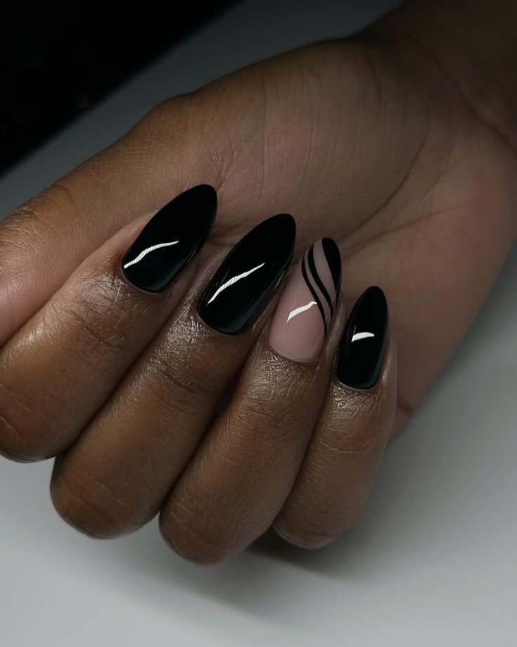 🖤 Black Holiday Nail Designs, Black Nails Oval, Black Color Nails, Black Nail Polish Designs, Black Nails Stiletto Short, Matte Black Nails Almond Shape, Nails Acrylic Short Almond Matte Black, Gray Almond Nails, Classy Almond Nails Black Woman