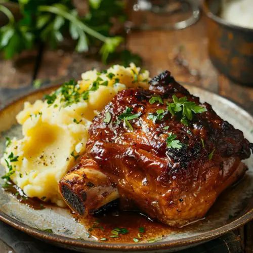 a plate with meat, mashed potatoes and garnishes on the side