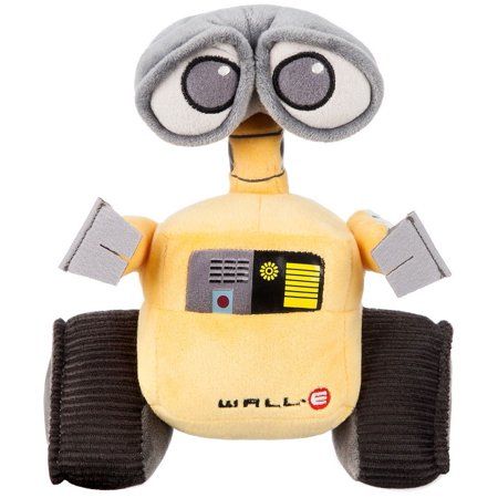 a yellow robot toy with big eyes and grey hair on it's head, sitting in front of a white background