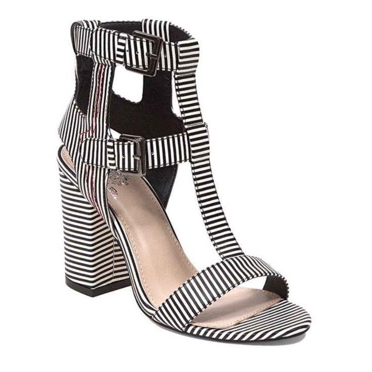 Nib Boasting Pinstripes. 4”Stacked Heel. Buckle Closure #Bi-6182 Striped Open Toe Casual Sandals, Striped Open Toe Sandals For Summer, Casual Striped Open Toe Sandals, Chic Striped High Heel Shoes, Chic Striped High Heel, Chic Striped High Heels, Chic Striped Summer Heels, Black & White, Stacked Heel