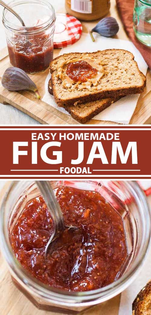 homemade fig jam in a glass bowl on a cutting board with bread and spoons