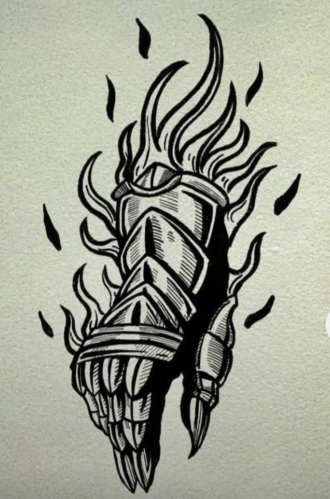 a drawing of a shoe with flames coming out of it