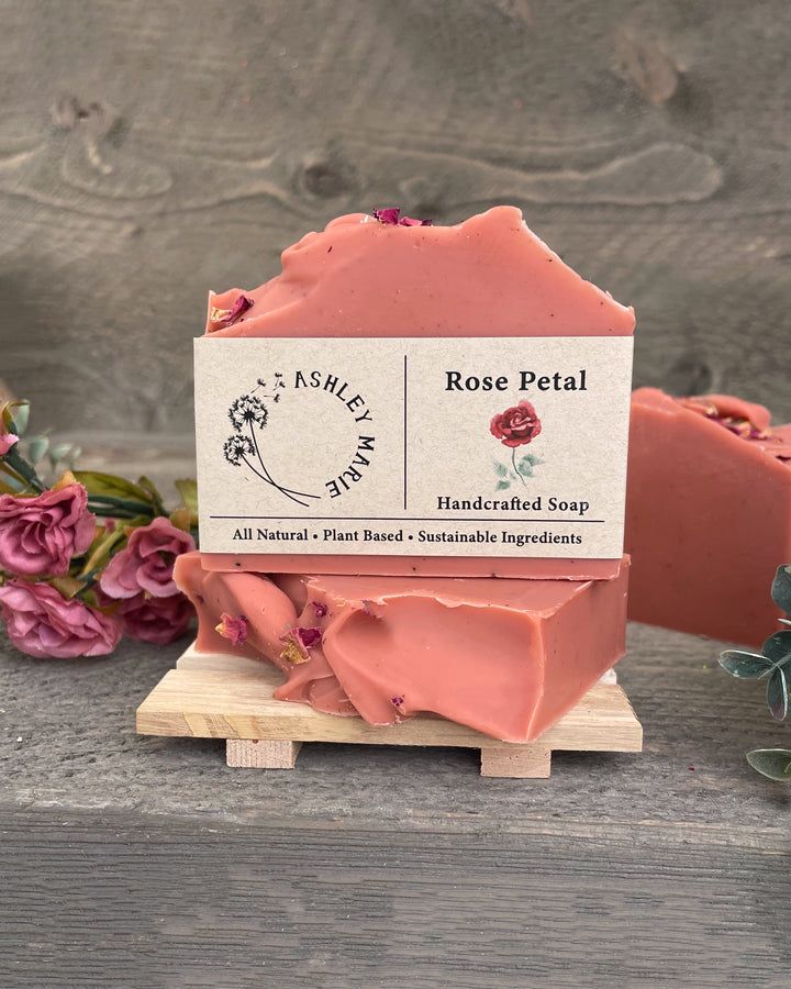 rose petal handmade soap bar on wooden stand