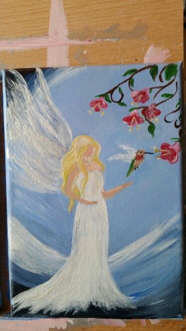 an acrylic painting of a white angel holding flowers