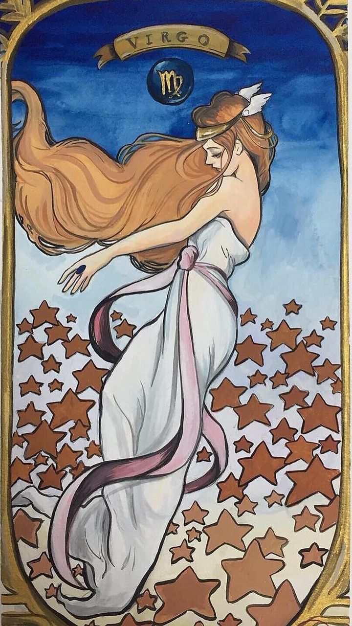 a painting of a woman with long hair in a white dress and gold frame, flying through the air