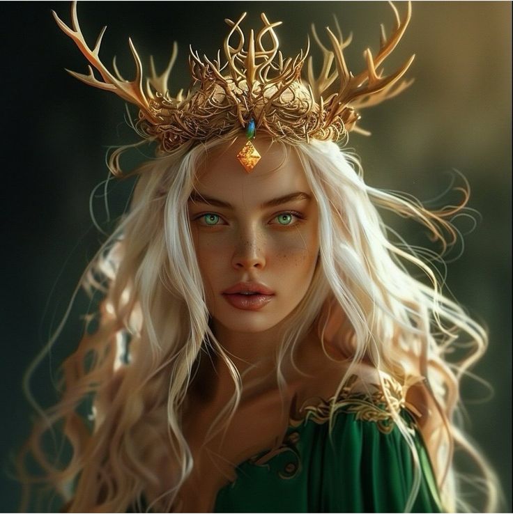 a woman with long blonde hair wearing a gold crown and green dress is looking at the camera