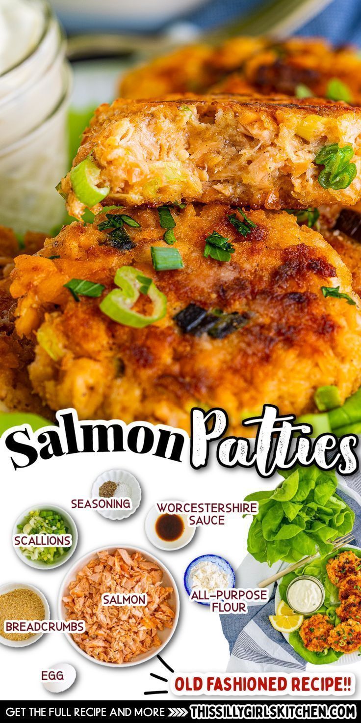 an advertisement for salmon patties on a plate with sauces and seasonings in the background