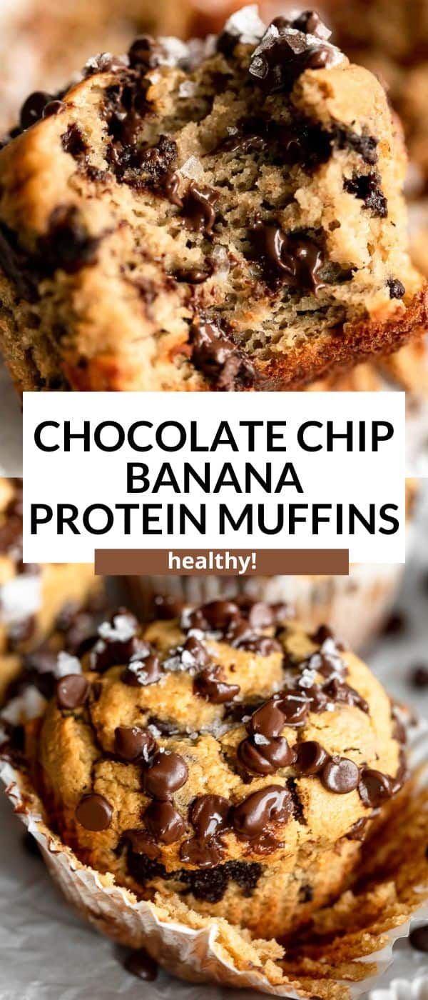 chocolate chip banana muffins are stacked on top of each other with text overlay