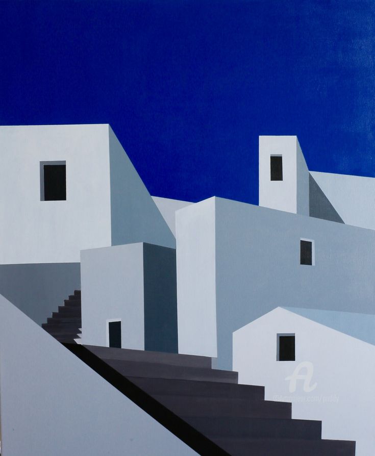 an abstract painting of white buildings against a dark blue sky with steps leading up to them