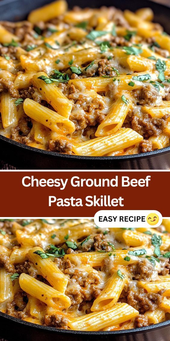 two pictures of cheesey ground beef pasta skillet