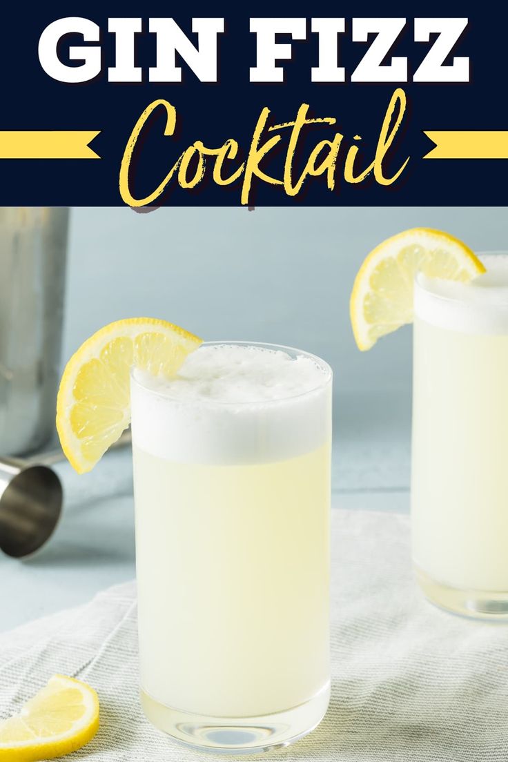 two gin fizz cocktails with lemon wedges on the side and text overlay that reads gin fizz cocktail